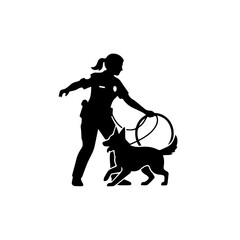 Fototapeta premium Female police officer and K9 dog silhouette. Law enforcement handler training service dog. Solid black vector illustration isolated on white