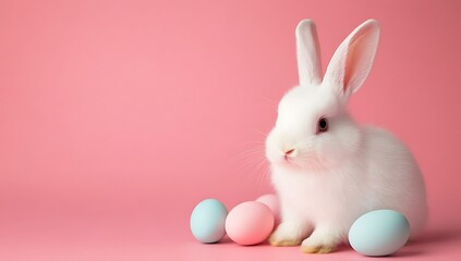 Cute white bunny with colorful Easter eggs on a pink background 2