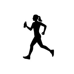 Female runner silhouette holding a water bottle. Solid black shape for fitness and jogging. Minimalist flat vector illustration isolated on white background