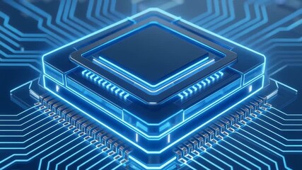Futuristic close-up of a blue microprocessor on a circuit board, showcasing advanced technology and innovation - Powered by Adobe