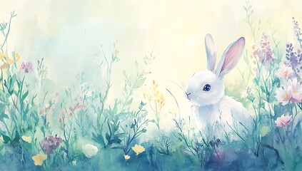 Cute White Bunny Sitting Among Colorful Spring Flowers in Watercolor Style on White Background