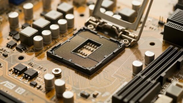 Close-up of a computer motherboard showcasing intricate circuitry and processor socket for tech enthusiasts
