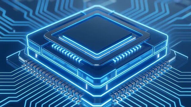 Futuristic close-up of a blue microprocessor on a circuit board, showcasing advanced technology and innovation