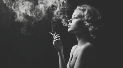 Monochrome Portrait of Woman Holding Cigarette with Smoke in Artistic Style
