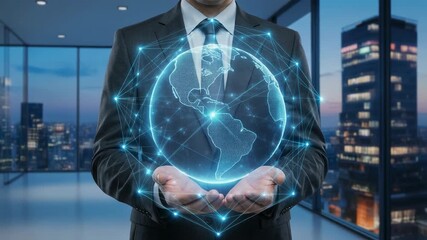 Businessman holding a glowing digital globe in a modern office setting showcasing global connectivity - Powered by Adobe