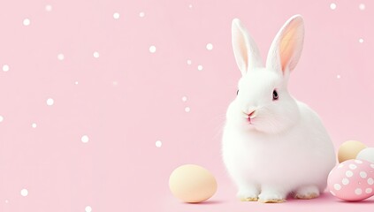 Cute white bunny with Easter eggs on a pink background with white dots