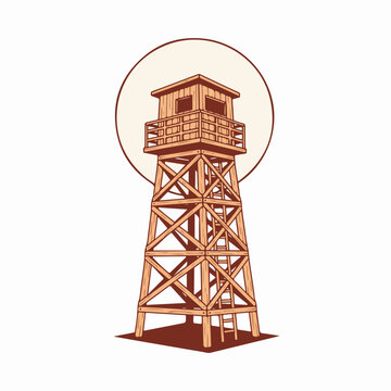 Wooden watchtower vector illustration. Clean line art of a tall military lookout or firewatch tower. Security and surveillance symbol isolated on a white background
