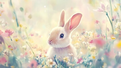 Cute white bunny with pink ears sitting in a field of colorful flowers in a watercolor painting style