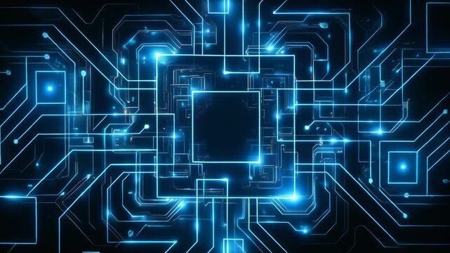 Futuristic blue circuit board design on a black background for technology and digital themes