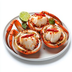 Three appetizing crab halves, garnished with vibrant red chili peppers and a refreshing lime wedge, presented on a pristine white plate in a studio setting.