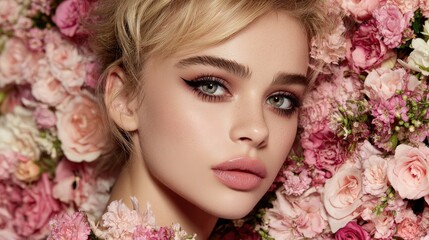 Naklejka premium Portrait of a beautiful young woman nestled among abundant pink and white blossoms