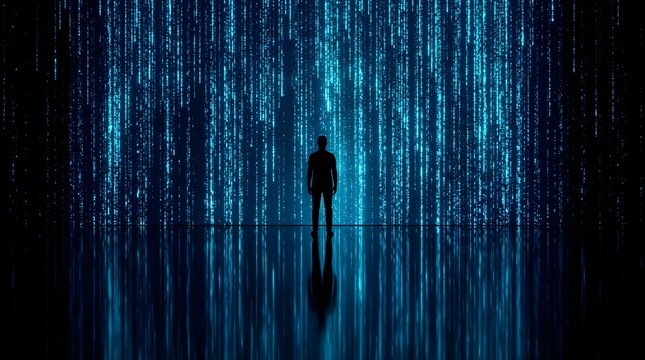 Silhouette in Digital Matrix Code Stream Background