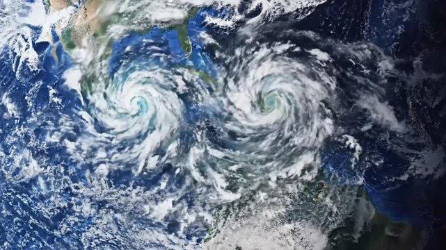 Tropical cyclones swirling over the ocean in a satellite view.
