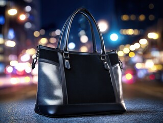 a chic black handbag is showcased against a bustling city backdrop with twinkling streetlights setting a glamorous evening mood