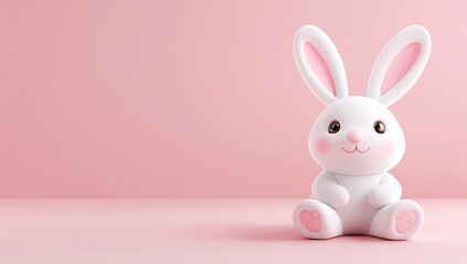 Cute white Easter bunny with pink accents sitting on a pink background