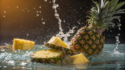 Whole and sliced pineapple splashing in water with dark background, concept for tropical fruit, summer refreshment, juice ingredients, healthy eating, organic produce, exotic snack, wellness visuals