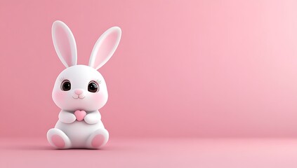 Cute white Easter bunny with pink heart sitting on pink background