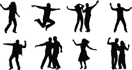 Collection of black silhouettes of people dancing in various poses and movements