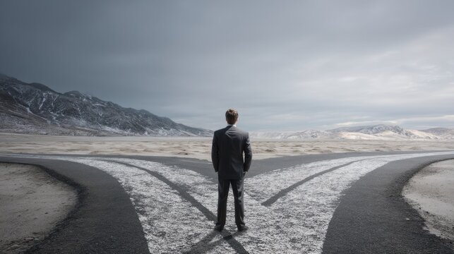 Man in Suit Contemplating a Crossroads with Pathways Diverging Under a Dramatic Sky