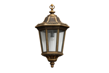 Ornate antique bronze hanging lantern with clear glass panels and a bulb image