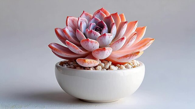 A pink succulent plant sits in a small white ceramic bowl against a grey background.