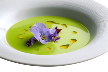 Delicious green soup with edible flowers in white bowl