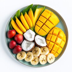 A vibrant assortment of tropical fruits including bananas, mangoes, coconuts, and nectarines arranged on a plate with green leaves on a white background.