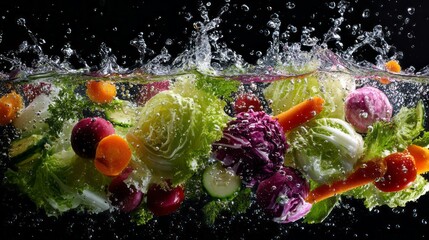 Fresh mixed salad with vibrant vegetables splashing in clear water, colorful tomatoes cucumbers and leafy greens capturing freshness, healthy eating, natural ingredients, and clean diet concept on a b