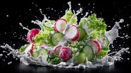 Yfresh vegetable salad with sliced radishes, cucumber, lettuce, and creamy dressing splashing in motion, capturing vibrant colors, healthy eating, and dynamic food photography
