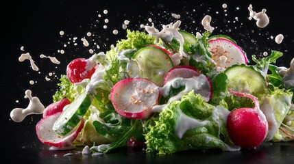 Yfresh vegetable salad with sliced radishes, cucumber, lettuce, and creamy dressing splashing in motion, capturing vibrant colors, healthy eating, and dynamic food photography