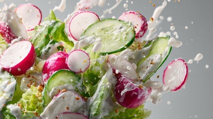Yfresh vegetable salad with sliced radishes, cucumber, lettuce, and creamy dressing splashing in motion, capturing vibrant colors, healthy eating, and dynamic food photography