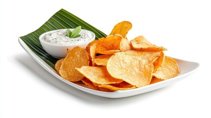 Golden potato chips are artistically presented on a white plate with a fresh green leaf and creamy dip, creating a tempting appetizer for gourmet enthusiasts.
