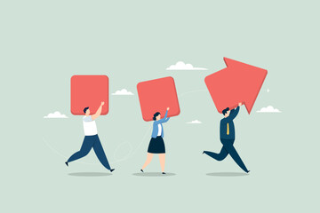 A diverse business team running together while carrying red blocks that assemble into a large upward arrow. A flat minimalist representation of collective effort, progress, and success.