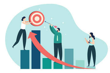 A business team collaborates on a rising bar chart. One person holds a target, another aims an arrow, and a third monitors progress, symbolizing growth and teamwork.