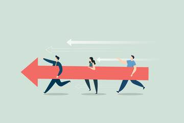 Three business people run while carrying a large red arrow together, flat art, collaboration and shared vision for success and growth.