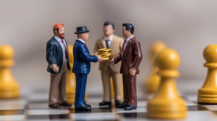 Office collaboration exploring teamwork through symbolic figurine interaction