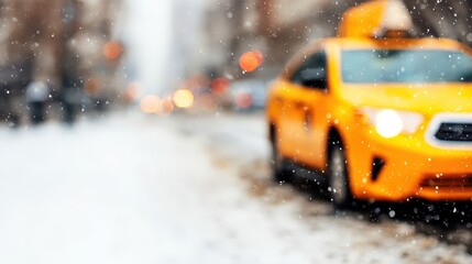 Snow falling on a defocused yellow taxi new york city urban photography winter wonderland street view vibrant scene