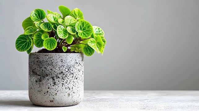 A green plant with round leaves grows in a textured grey pot against a neutral background.
