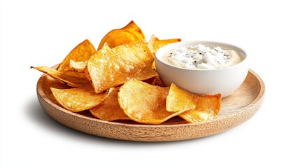 Golden yellow homemade cassava chips arranged around a creamy white dip served on a round wooden plate are isolated on a clean, bright white background.