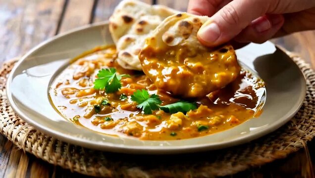 Person Dipping Fresh Naan Bread into a Bowl of Delicious Indian Chicken Curry