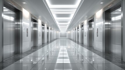 Fototapeta premium Modern elevator hall with glossy floors and bright lights in a contemporary building interior design