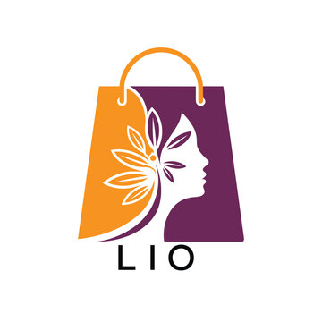LIO Beauty Boutique Logo. LIO Woman Silhouette and Leaf on Shopping. LIO Bag Icon.
