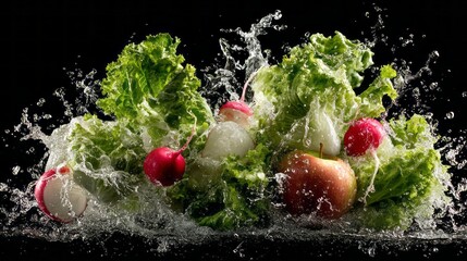 Fresh vegetables splashing in a bowl with crisp lettuce, sliced radish, and a red apple, vibrant colorful ingredients highlighting healthy eating, nutritious lifestyle, and dynamic food presentation