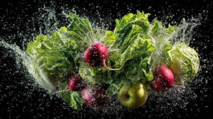 Fresh vegetables splashing in a bowl with crisp lettuce, sliced radish, and a red apple, vibrant colorful ingredients highlighting healthy eating, nutritious lifestyle, and dynamic food presentation