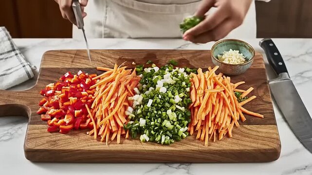 Chef prepares fresh vegetables chopping ingredients on wooden cutting board