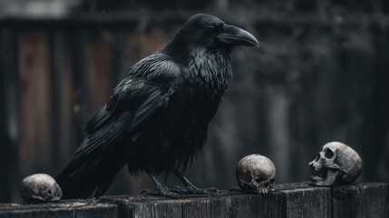 Obraz premium Raven Perched on a Weathered Fence Surrounded by Skulls in a Dark and Symbolic Outdoor Setting
