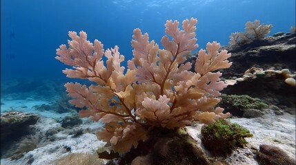 Naklejka premium A delicate branching coral formation thrives on the seabed in clear blue ocean water bathed in sunlight
