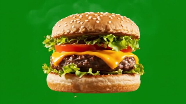 ultra realistic studio cheeseburger footage gourmet burger rotating vertical axis isolated chroma green thick beef patty melted cheese stretch lettuce tomato sesame bun macro food detail slow motion s
