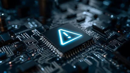 Close-up of a circuit board highlighting an illuminated warning symbol. Electronic components are visible