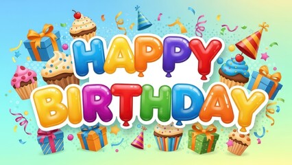 Vibrant 'HAPPY BIRTHDAY' Balloon Lettering with Festive Cupcakes, Gifts, and Confetti on Gradient Background